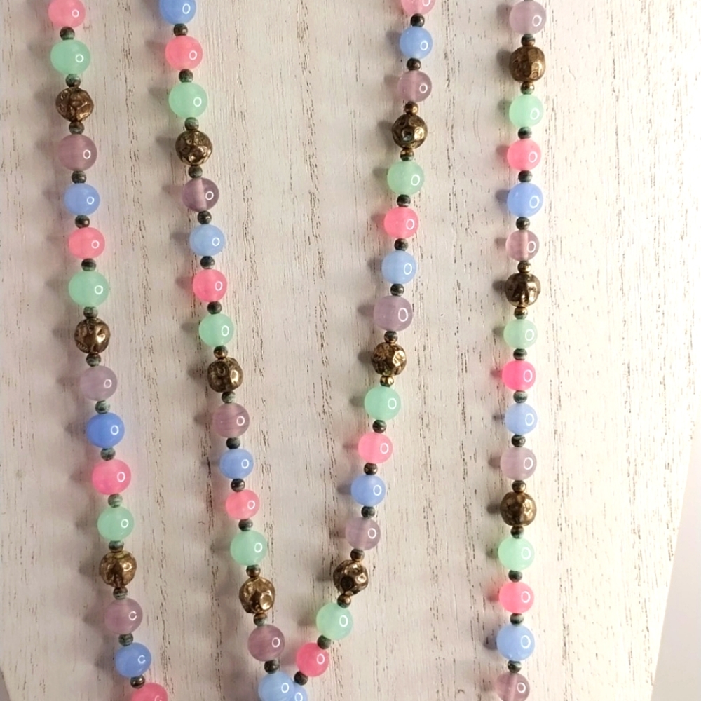 Vintage Glass Bead 29.5 " Necklace Pink, Green, Blue, Purple Beads